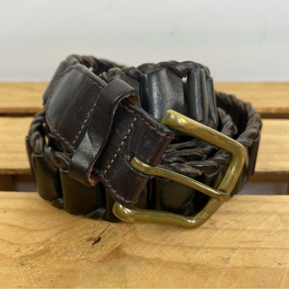 Orvis dark brown leather chain link belt men's size 46 solid brass buckle